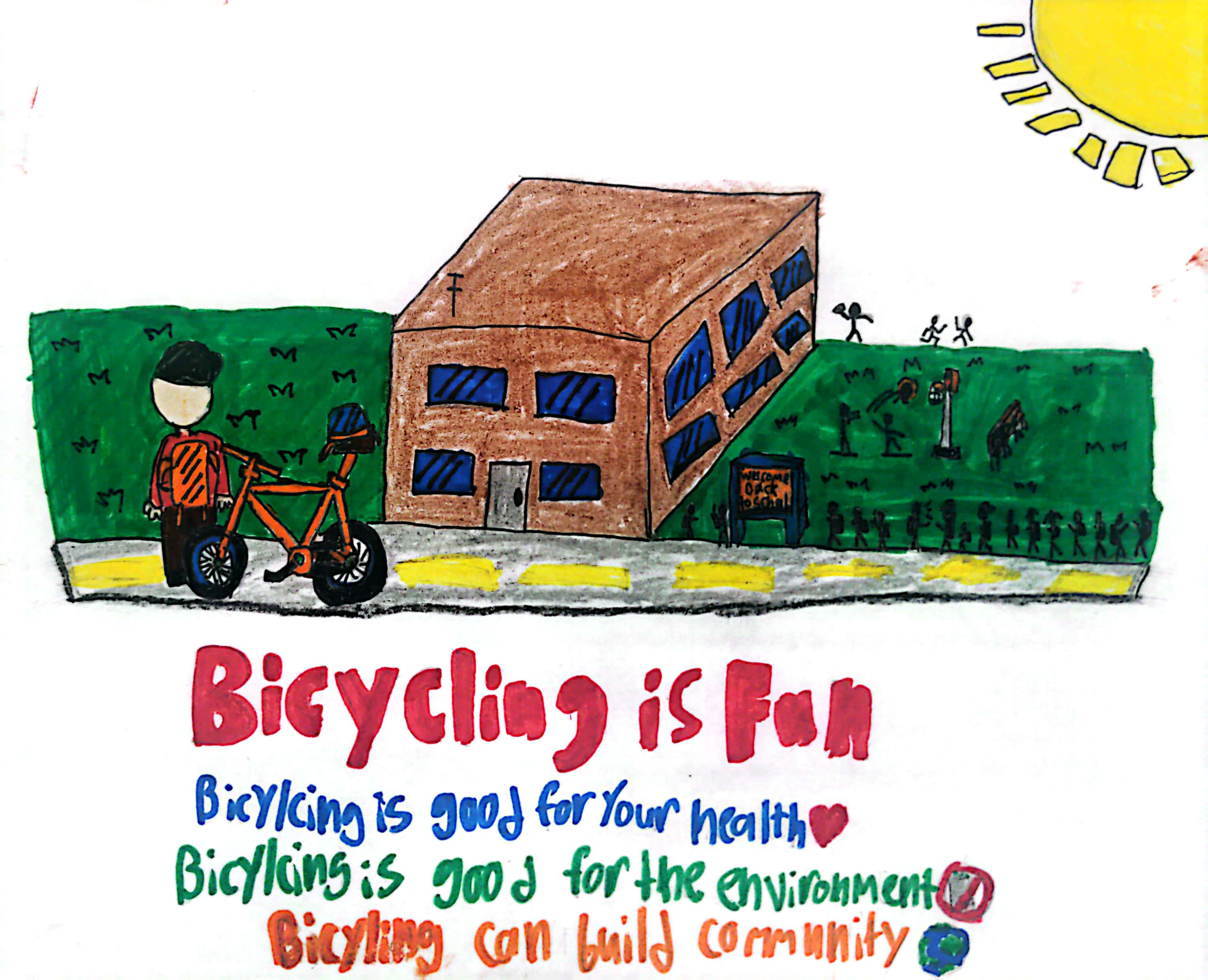 Student artwork with sun in the upper right corner, center featuring student wearing orange backpack standing next to his orange bike on path, overlooking brown school building on a green lawn where students are playing in the distance. Bottom portion reads 
